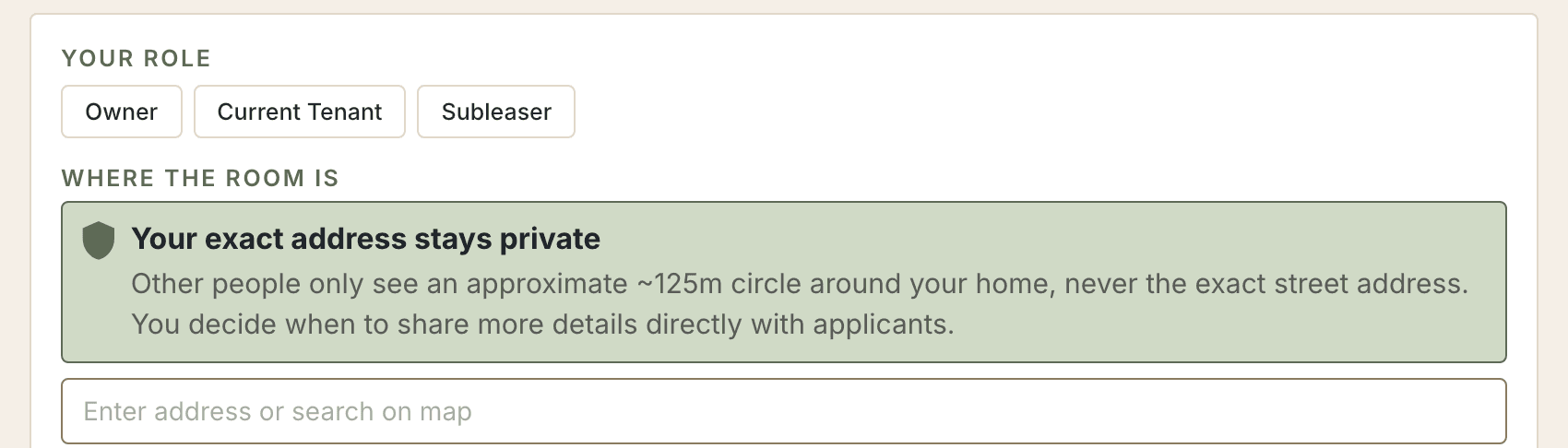 The room form: your role, the address with the note that the exact address stays private, the map and the rent.