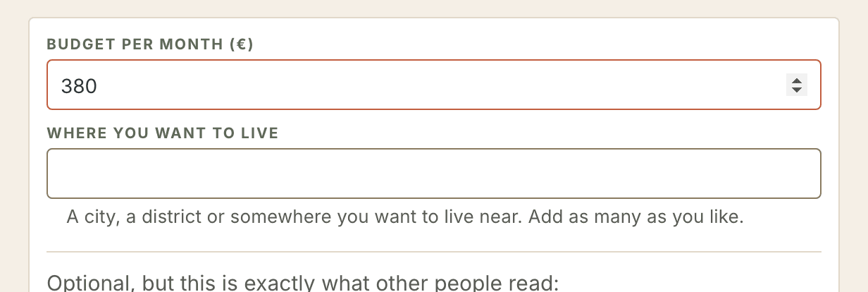 The card form: monthly budget, where you want to live, move-in date and the «Search together with others» switch.